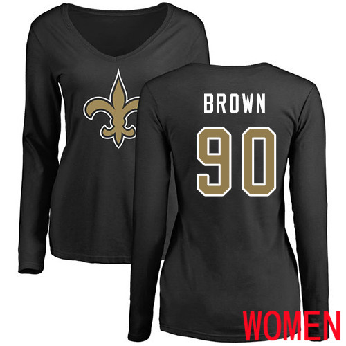New Orleans Saints Black Women Malcom Brown Name and Number Logo Slim Fit NFL Football #90 Long Sleeve T Shirt